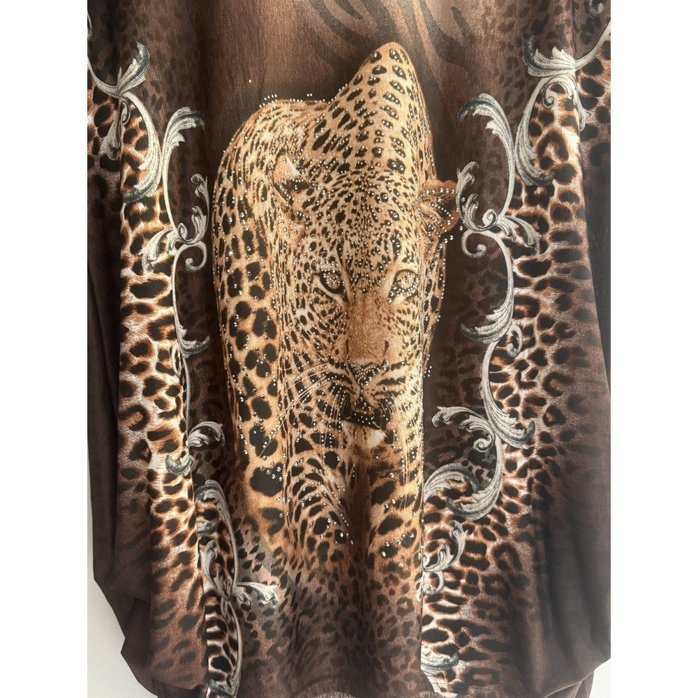 Blossom By P Leopard Tunic Top Rhinestone Bling Slinky Knit Animal Ruched L/XL - Picture 5 of 13